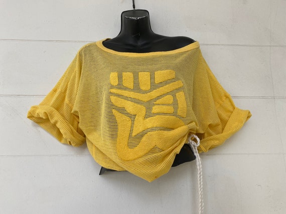 Vintage Mesh Fishnet Shirt 80s Women's Yellow Rave