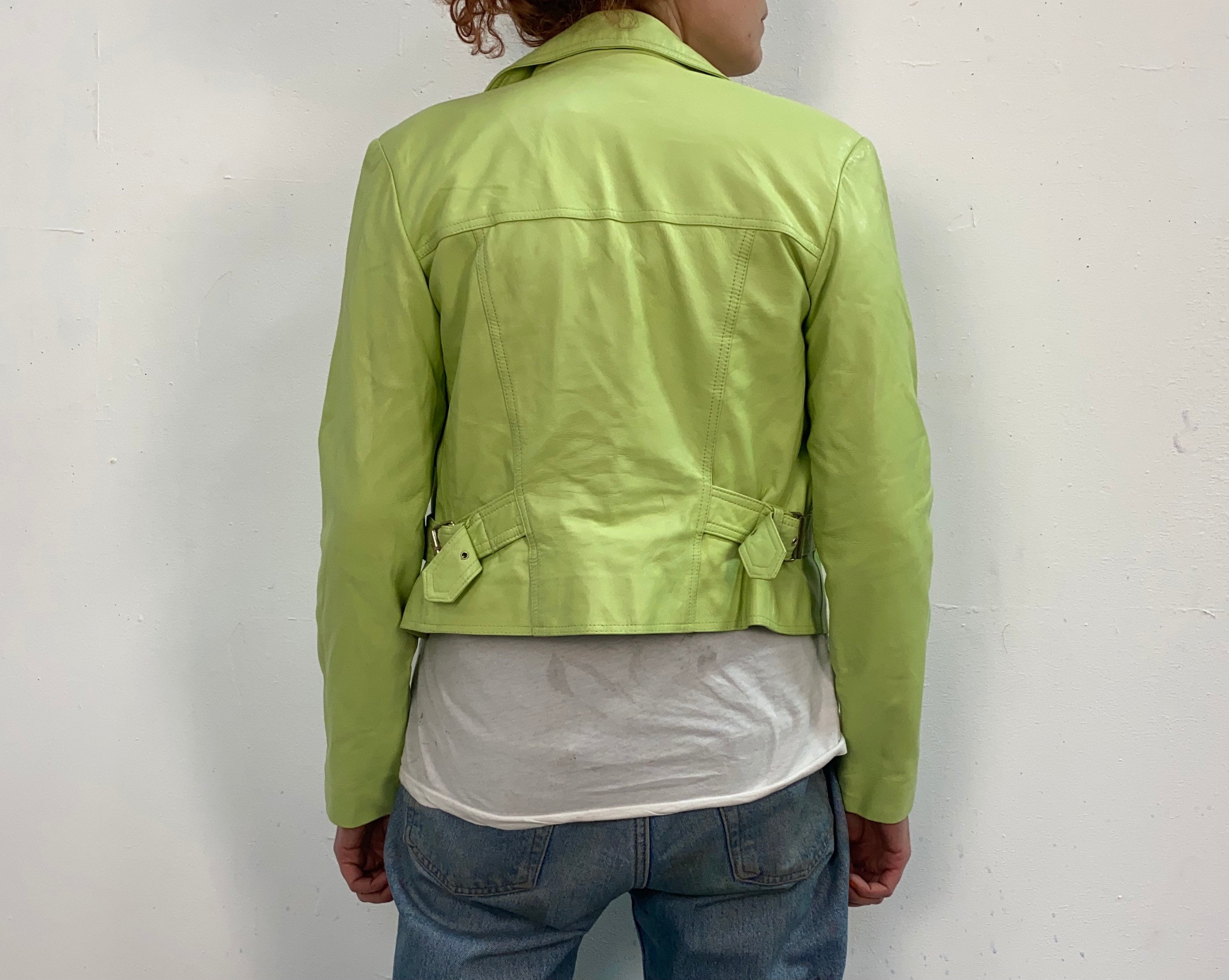 Vintage Green Leather Jacket Crop Moto Lime Green Size 6 Etsy