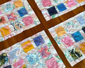 Set of 4-Pieces Quilted Placemats Hand-Made Cotton Fairytale Cottage Floral Wildflowers Garden Colorful Patchwork Kitchen Dining Table Mats