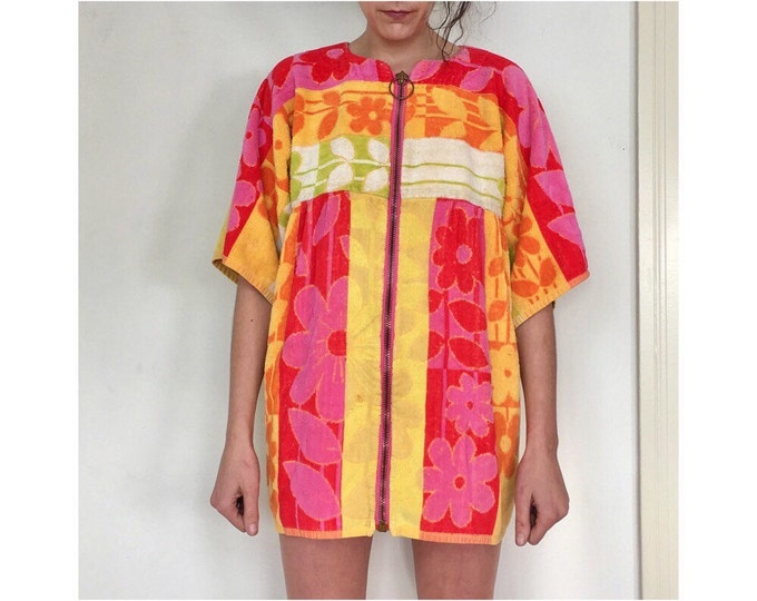Vintage 60's Royal Terry Towel Dress Floral Print Terry Cloth Beach