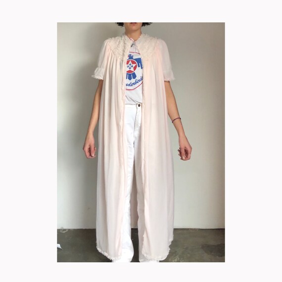Vintage Pink Ruffled Dressing Robe 50s Nylon Maxi