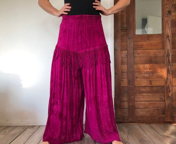Purple Moroccan Fringe Gaucho Pants-Boho Tie Die B