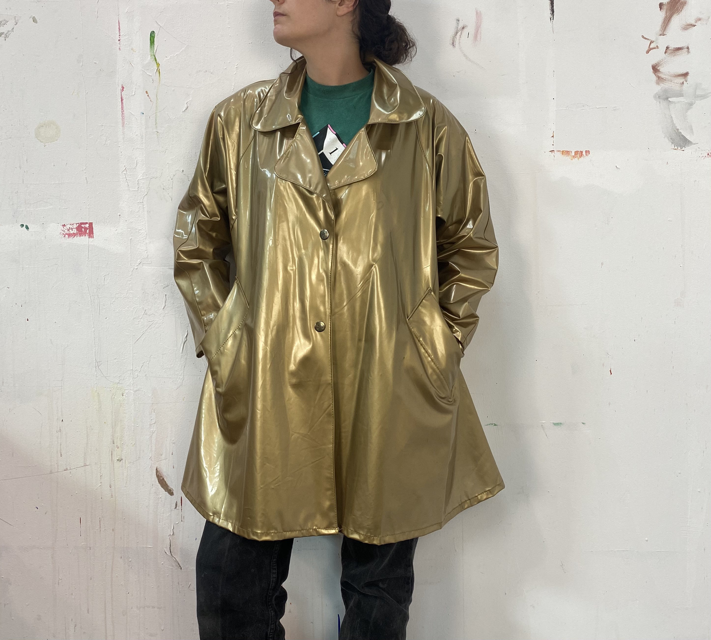 Vintage vinyl pvc raincoat gold 80s rain slicker by wippette Etsy