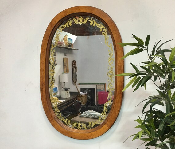 Vintage Wood Oval Mirror Gold Etched Wall Antique Wooden Hollywood Regency Accent Bathroom Rustic Boho