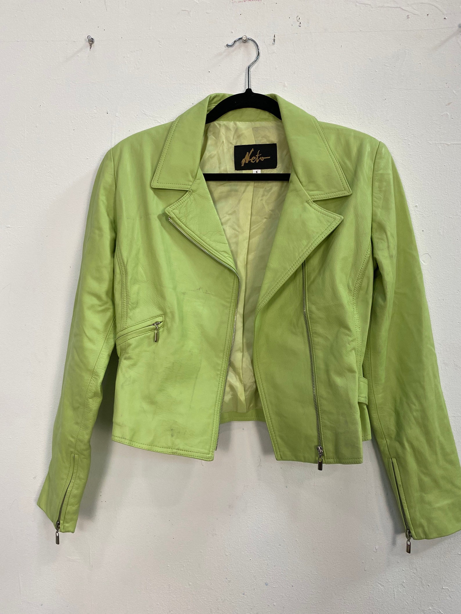 Vintage Green Leather Jacket Crop Moto Lime Green Size 6 | Etsy