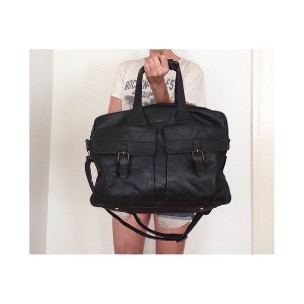 Vintage Leather Weekender Bag - Black Leather Overnight Bag - Carry On Bag - Rustic