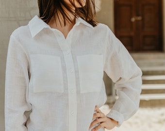 White linen women shirt with long sleeves. Ready to ship. Free EU delivery.