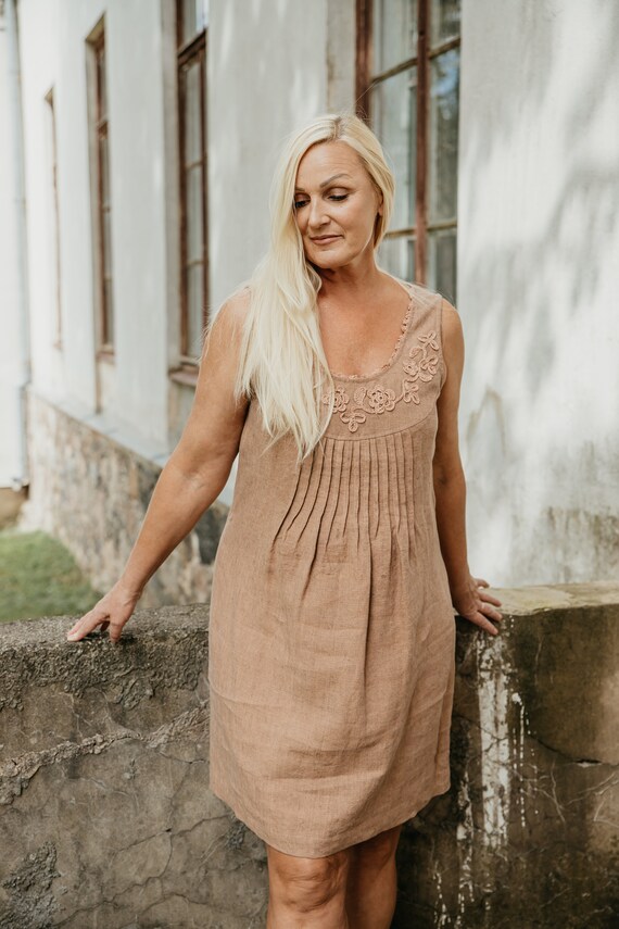 Bronze Linen Dress With Hand Crochet Detail - Etsy