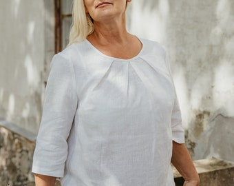 Blouse en lin blanc, haut ample en lin, chemise en lin à manches 3/4, vêtements décontractés en lin pour femmes