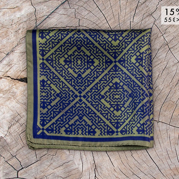 15% OFF. Silk scarf "ETHNIC Ink blue-olive" 45x45cm Neckerchief. Twill silk. Pocketsquare.Made in Italy.Neckerchief.Men accessories.Fashion.