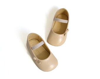 Beige Leather Baby Ballerina Shoes, Soft Sole Slippers, Newborn Gift