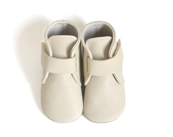 Ivory Leather Baby Booties, Soft Sole Crib Shoes