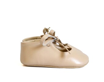 Beige Leather Baby Mary Jane Shoes, Newborn Ballerina Shoes