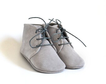 Gray Suede Baby Booties, Gender Neutral Leather Crib Shoes