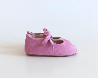 Pink Suede Leather Mary Jane Shoes, Hard Sole, Flower Girl Shoes