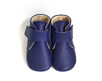 Blue Leather Baby Booties, Soft Sole Crib Shoes