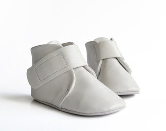 White Leather Baby Booties, Soft Sole, Newborn Infant Shoes