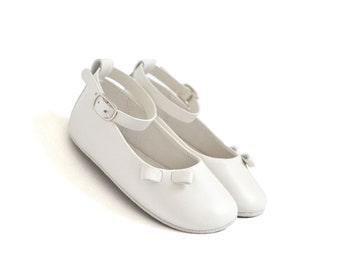 White Leather Baby Ballerina Shoes, Ankle Strap, Bow