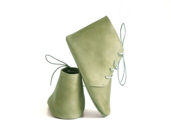 Olive Green Leather Baby Booties, Soft Sole Crib Shoes