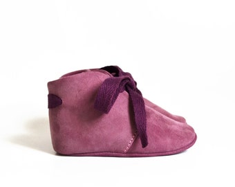 Magenta Suede Leather Baby Booties with Bow, Soft Sole, Newborn Gift