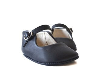Navy Leather Baby Mary Jane Shoes, Adjustable Buckle