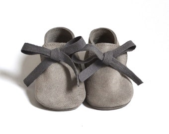 Gray Suede Baby Moccasins, Soft Sole Crib Shoes, Infant Loafers