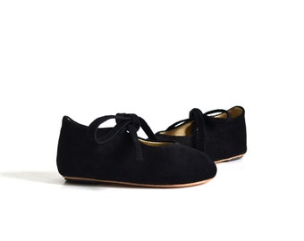 Black Suede Leather Mary Jane Shoes, Hard Sole, Baby Girl