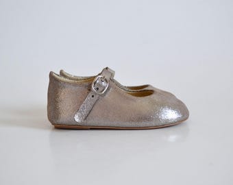 Silver Leather Mary Jane Shoes, Baby Girl First Birthday Outfit