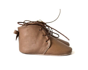 Dusty Brown Leather Baby Booties with Bow, Soft Sole Crib Shoes