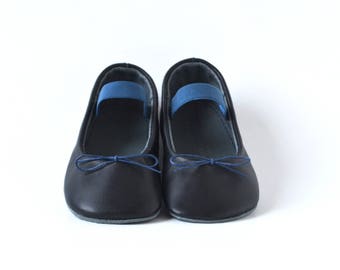 Navy Leather Baby Ballerina Shoes, Soft Sole Ballet Slippers