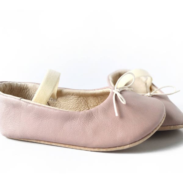 Baby girl ballerina shoes in dusty pink leather, Baby girl ballerina slippers, Soft sole baby girl shoes, Baby girl birthday dress shoes