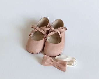 Beige Pink Suede Mary Jane, Leather Hard Sole Baby Shoes