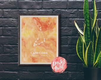 Capricorn Zodiac Sign Horoscope Constellation Pastel Watercolor 8x10 inch - Poster Print Wall Decor, Aesthetic Orange, Cool Art - P1191