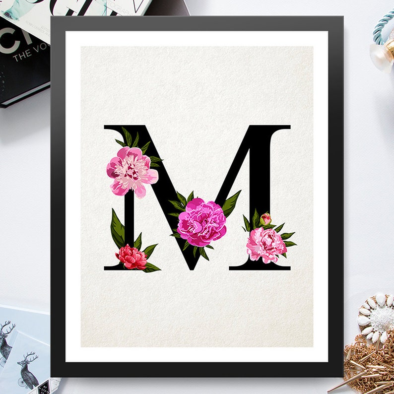 letter m pink red flowers 8x10 inch poster print p1047 etsy