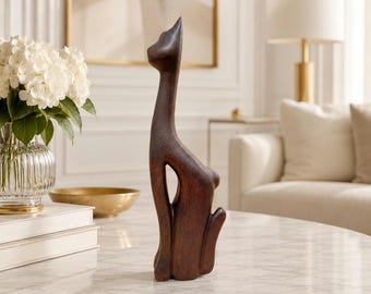 Wood sculpture Sitting cat handcarved cat figurine gift idea boho art cat statue