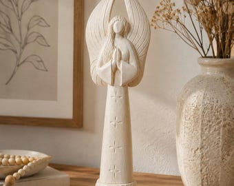 Wood sculpture "White Angel" - hand carved statue - Boho home decor