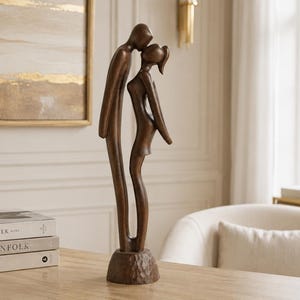 Handcarved wood sculpture Shyness couple figurine wedding gift