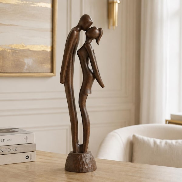 Houten sculptuur 'Verlegenheid', handgesneden abstract kunstwerk van een stel, romantisch houten beeldje, moderne woondecoratie, jubileumcadeau, ambachtelijk houtkunstwerk