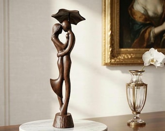 Wood sculpture "Kiss under the rain" statuette couple figurine - boho art