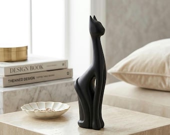 Wood sculpture Sitting cat handcarved cat figurine gift idea boho art cat statue