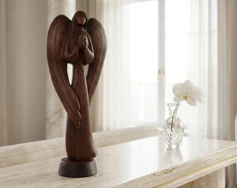 Wood sculpture Guardian Angel hand carved statue Valentine's gift boho home decor
