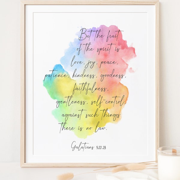 Galatians 5:22-23 Fruit of the Spirit | Rainbow Colors | Printable Wall Art, Scripture Print Download, Vertical Bible Verse | Watercolor