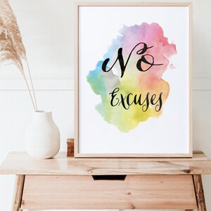 Workoutmotivatie, kantoormotivatie, geen excuses, workoutposter, aquarelafdruk, werkdecor, regenboogafdruk, blijf doorgaan afbeelding 5