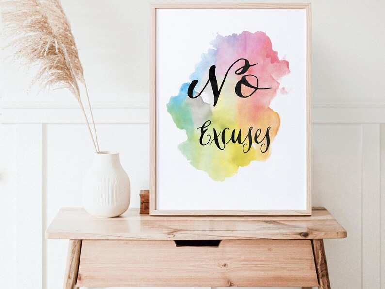 Workoutmotivatie, kantoormotivatie, geen excuses, workoutposter, aquarelafdruk, werkdecor, regenboogafdruk, blijf doorgaan afbeelding 5