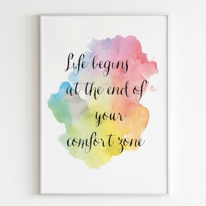 A vida começa no final da sua zona de conforto, impressão de citação, pôster motivacional, impressão de confiança, impressão inspiradora, aquarela