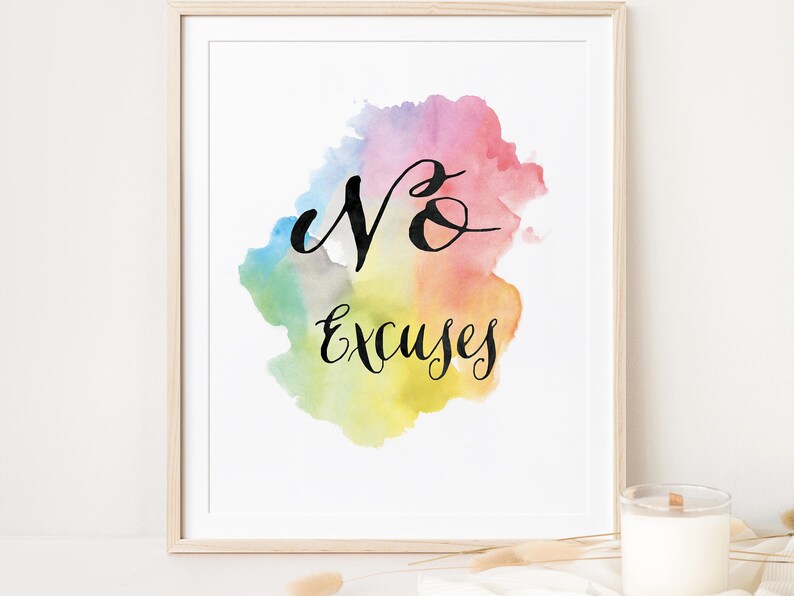 Workoutmotivatie, kantoormotivatie, geen excuses, workoutposter, aquarelafdruk, werkdecor, regenboogafdruk, blijf doorgaan afbeelding 2