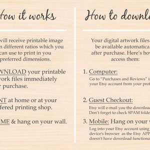 May include: A digital illustration with instructions on how to download printable artwork files after purchase. The instructions are for both computer and mobile devices. The text includes the words "Download", "Print", "Frame", "Computer", "Guest Checkout", and "Mobile".