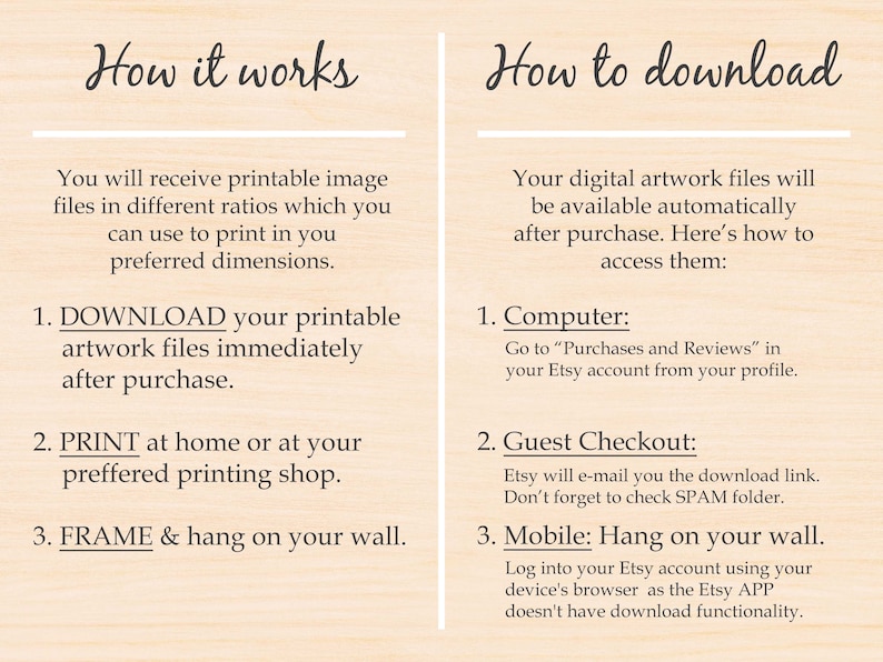 May include: A digital illustration with instructions on how to download printable artwork files after purchase. The instructions are for both computer and mobile devices. The text includes the words "Download", "Print", "Frame", "Computer", "Guest Checkout", and "Mobile".