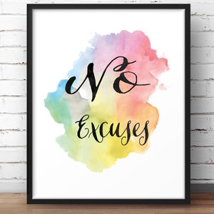 Workoutmotivatie, kantoormotivatie, geen excuses, workoutposter, aquarelafdruk, werkdecor, regenboogafdruk, blijf doorgaan afbeelding 1