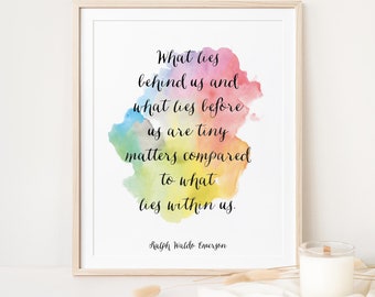 Obra de acuarela Ralph Waldo Emerson "Lo que hay detrás de nosotros" "Lo que hay dentro de nosotros" Impresión de acuarela Cita espiritual Impresión de sabiduría